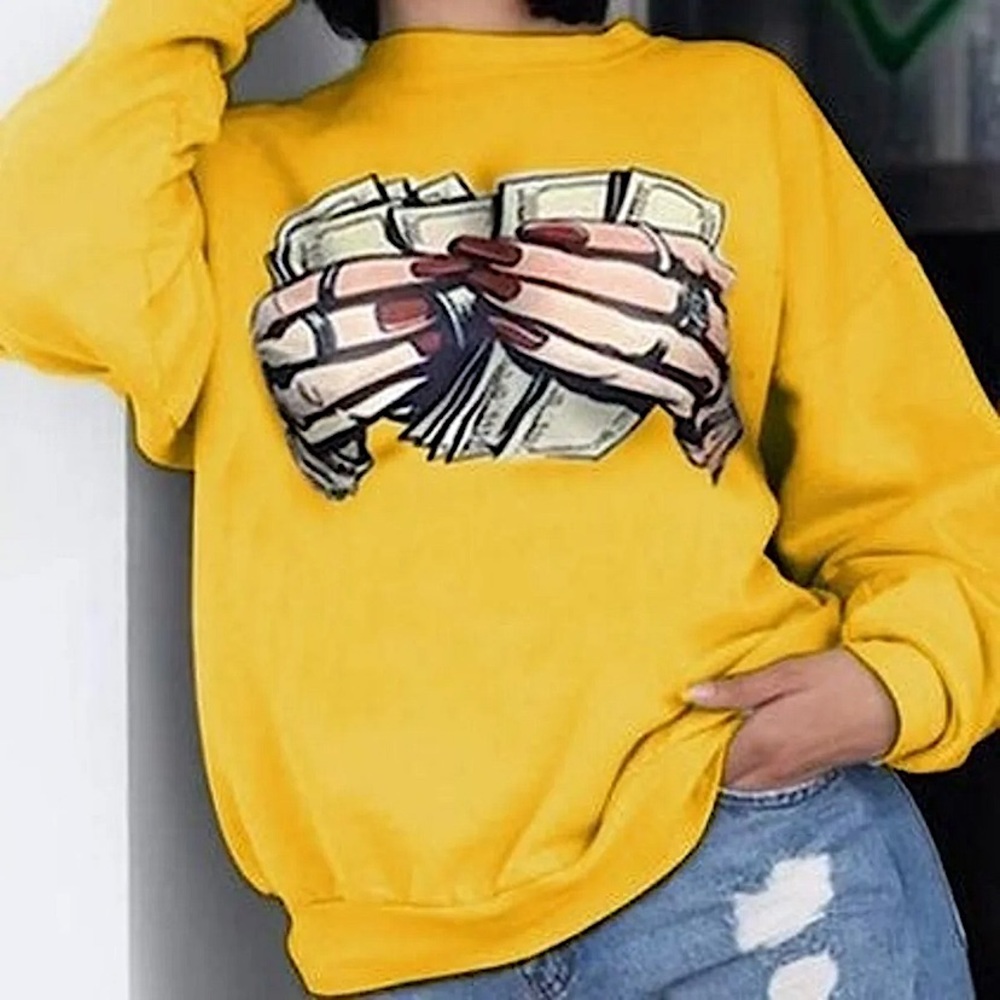 Lovely casual O neck print yellow hoodie
